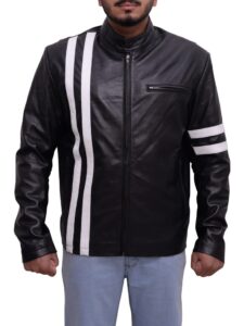 Black With White Stripes Leather Jacket - Image 5
