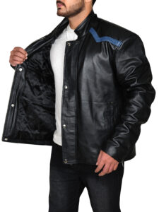 Jet Black Blue Line Leather Jacket - Image 2