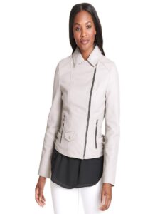 Women Cement White Leather Jacket - Image 3