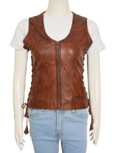 Women Brown Leather Vest - Image 3