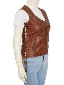 Women Brown Leather Vest - Image 4