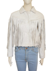 White Fringe Leather Jacket - Mauve Tree - Image 5