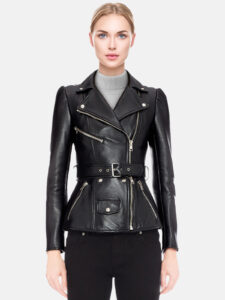 Women Black Biker Zip Jacket - Mauve Tree - Image 2