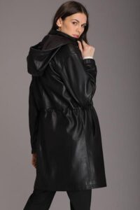 Women Zip Front Black Lamb Leather Coat With Hooded - Image 3