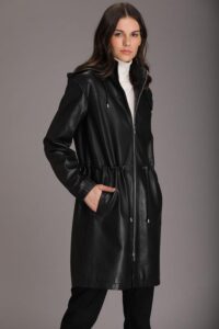 Women Zip Front Black Lamb Leather Coat With Hooded