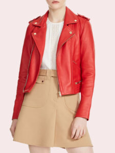 Women's Notched Collar Red Leather Moto Zipper Jacket - Mauve Tree