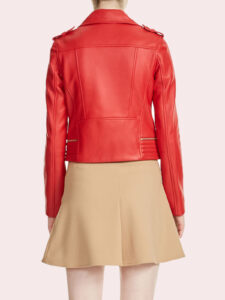 Women's Notched Collar Red Leather Moto Zipper Jacket - Mauve Tree - Image 2