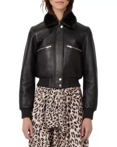 Women's Black Leather Shearling Collar Jacket - Mauve Tree