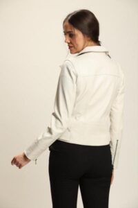 Cream Lambskin Leather Jacket With Multi Stitches Sleeves For Women - Image 3