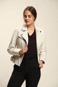 Cream Lambskin Leather Jacket With Multi Stitches Sleeves For Women