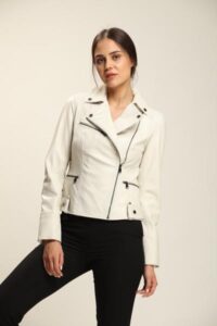 Cream Lambskin Leather Jacket With Multi Stitches Sleeves For Women - Image 2