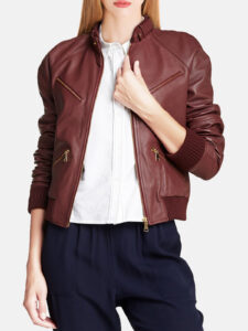 Women's Dapper Genuine Cordovan Leather Bomber Biker Jacket - Mauve Tree