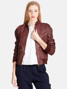 Women's Dapper Genuine Cordovan Leather Bomber Biker Jacket - Mauve Tree - Image 2