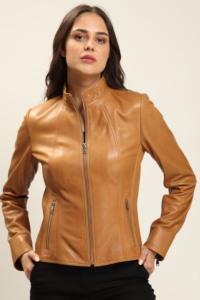 Fashionable Lambskin Leather Jacket In Tan For Women