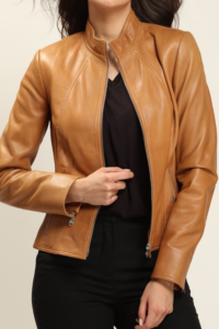 Fashionable Lambskin Leather Jacket In Tan For Women - Image 2