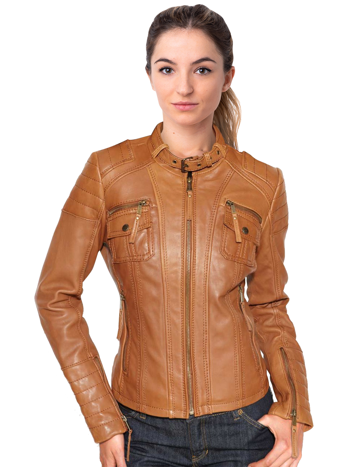 Womens-Fired-Up-Umber-Brown-Leather-Motorist-Jacket-1-1-1-1.jpg Women's Fired Up Umber Brown Leather Motorist Jacket - Mauve Tree - Image 1