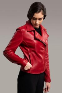 Glamorous Red Leather Jacket For Women - Image 3