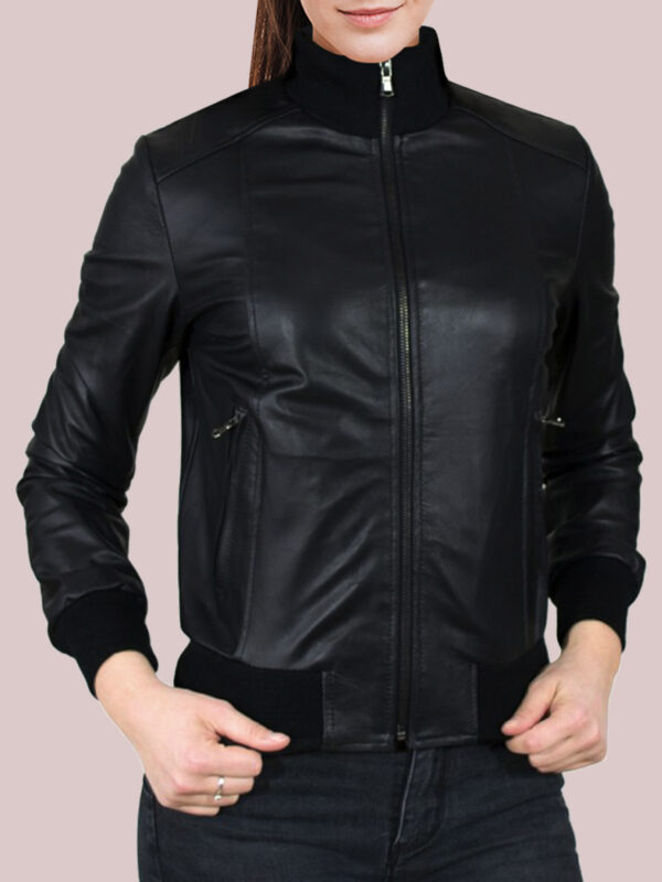 Women's Glossy Black Leather Lavish Bomber Jacket - Mauve Tree