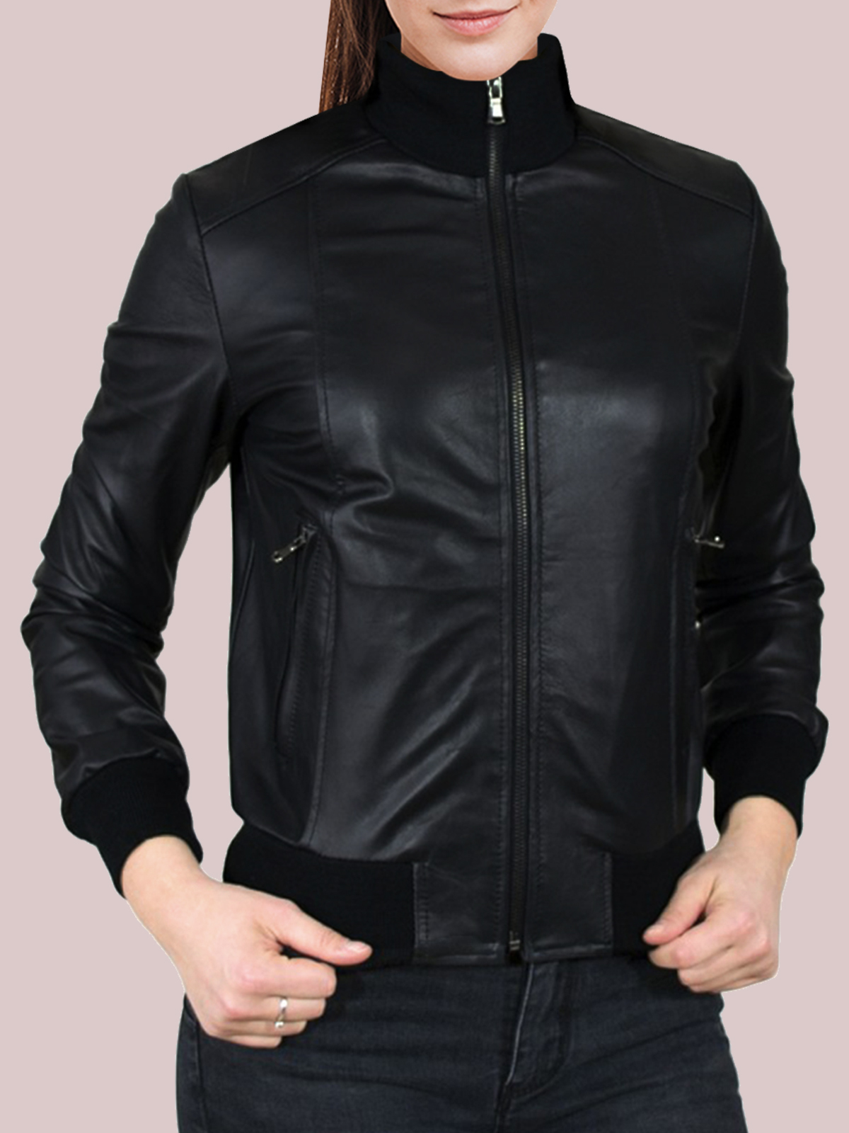 Womens-Glossy-Black-Leather-Lavish-Bomber-Jacket-1-1-1-1-1.jpg Women's Glossy Black Leather Lavish Bomber Jacket - Mauve Tree - Image 1