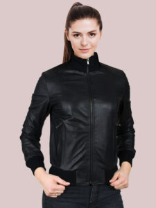Women's Glossy Black Leather Lavish Bomber Jacket - Mauve Tree - Image 2