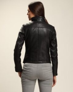 Simple Black Bomber Lambskin Leather Jacket For Women - Image 3
