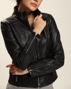 Simple Black Bomber Lambskin Leather Jacket For Women - Image 2