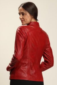 Slim And Skinny Red Lambskin Leather Jacket For Women - Image 3
