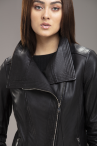 Womens Stylish Collar Black Bomber Leather Jacket