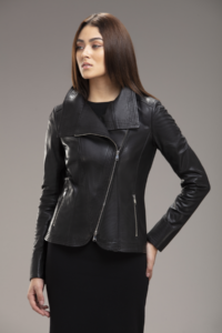 Womens Stylish Collar Black Bomber Leather Jacket - Image 2