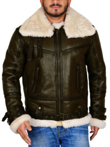 Army Green Men B3 Bomber Shealring Leather Jacket - Image 6
