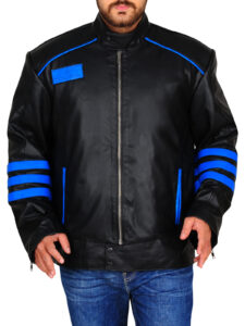 Black & Blue Biker Leather Jacket - Image 5