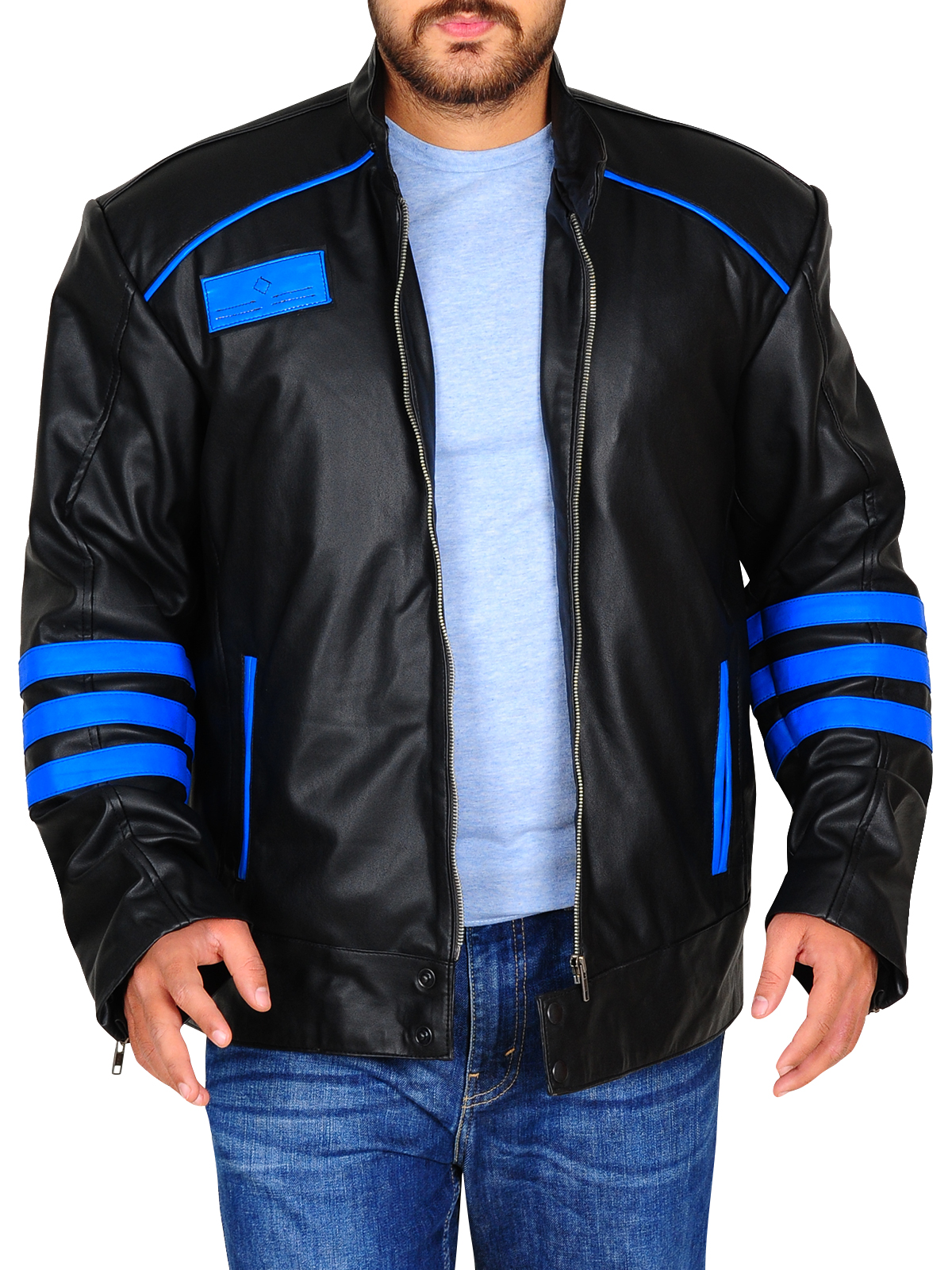 black-blue-biker-jacket.jpg Black & Blue Biker Leather Jacket - Image 1