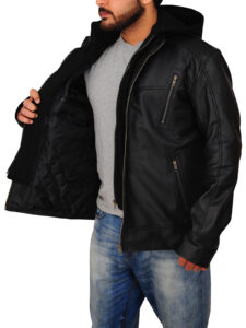 Men Black Leather Jacket With Hoodie - Image 3