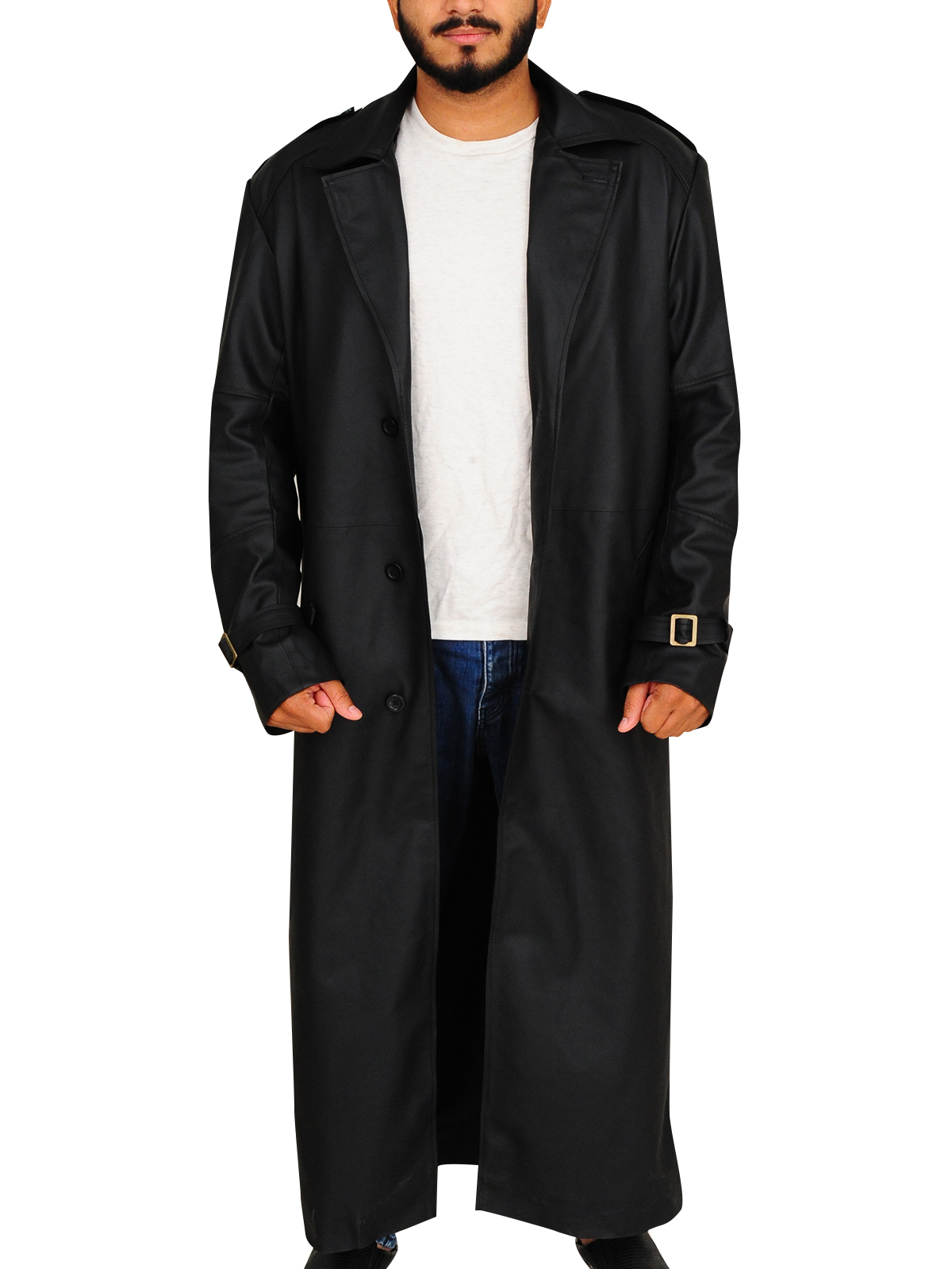 black-leather-trench-coat.jpg Black Lapel Collar Trench Coat - Image 1