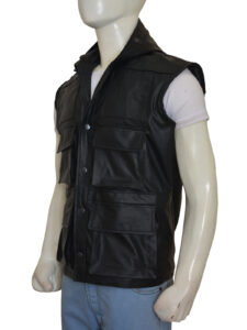 Black Hoodie Leather Vest - Image 5