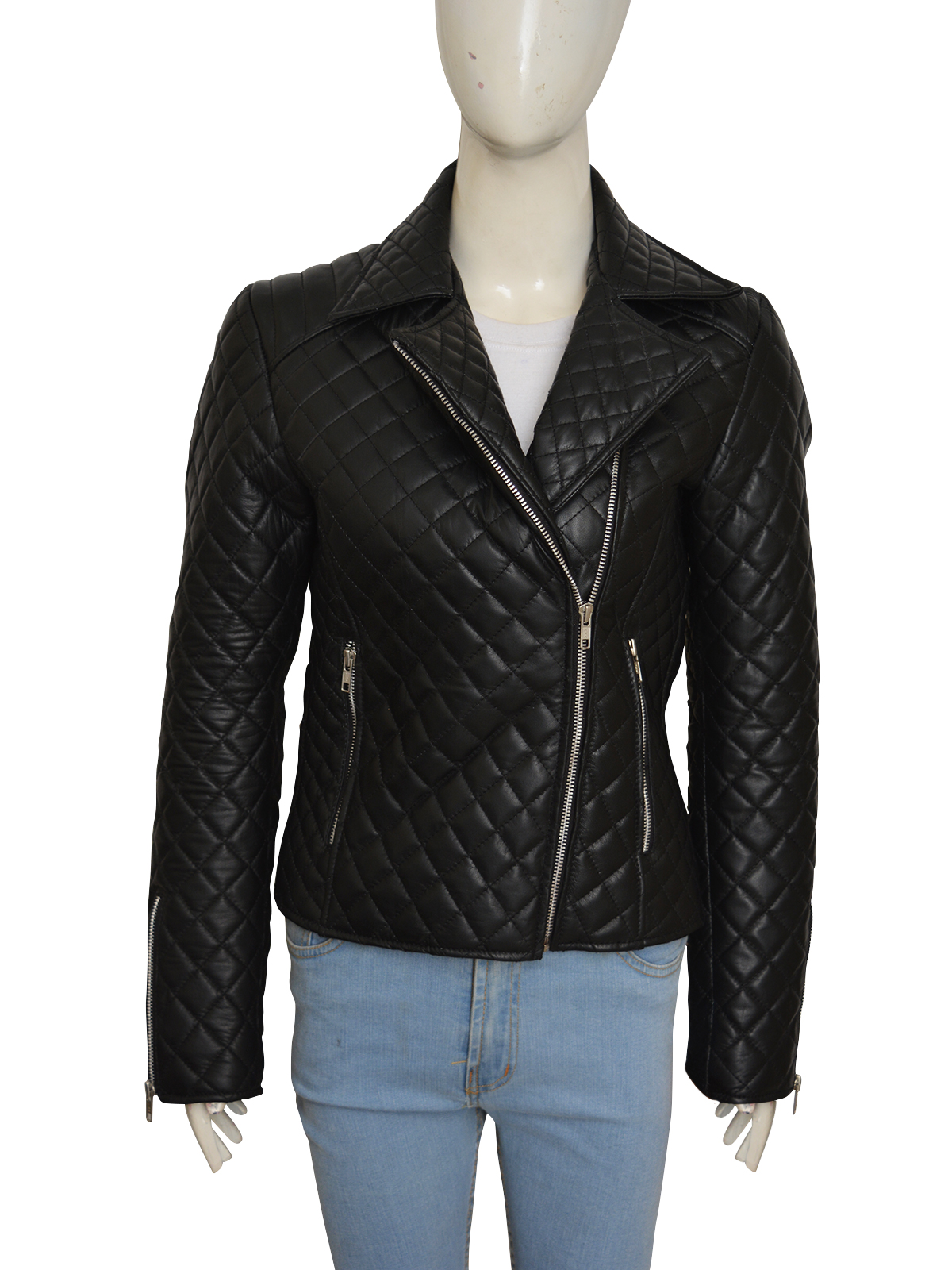 black-puffer-jacket-for-her.jpg Jet Black Puffer Leather Jacket - Image 1