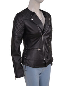 Women Black Biker Quilted Jacket - Image 3