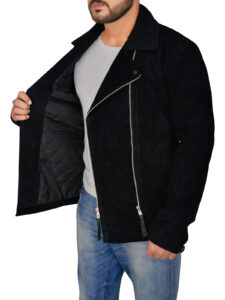 Men Black Suede Biker Jacket - Image 4
