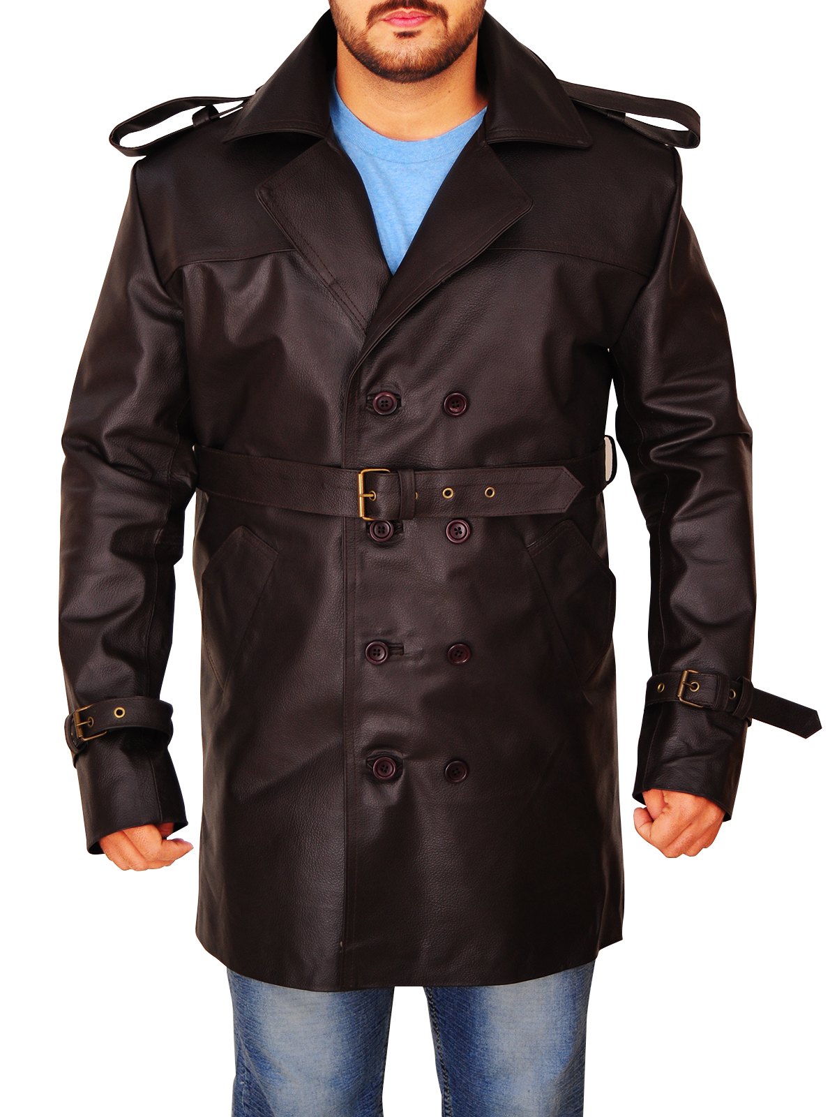 brown-leather-peacoat-for-men.jpg Men Brown Leather Peacoat - Image 1