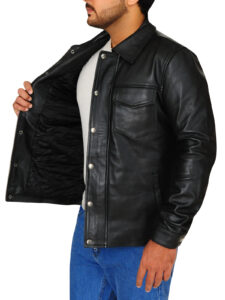 Flap Button Black Leather Jacket - Image 4