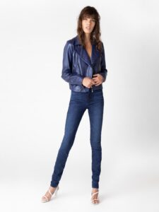 Women Sky Blue Leather Jacket - Image 5