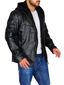 Black Leather Jacket With Hoodie - Image 3