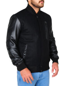 Casual Black Wool & Leather Jacket - Image 3