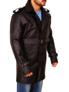 Men Brown Leather Peacoat - Image 3
