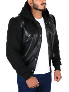 Fleece Hoodie Leather Jacket - Image 4