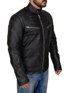 Men Distressed Black Cafe Racer Jacket - Image 3