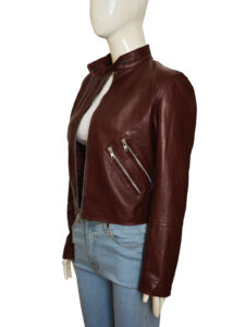 Maroon Slim Fit Women Leather Jacket - Image 4