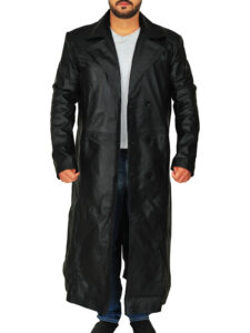 Men Black Leather Trench Coat - Image 5