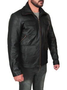 Men Basic Black Leather Jacket - Image 3