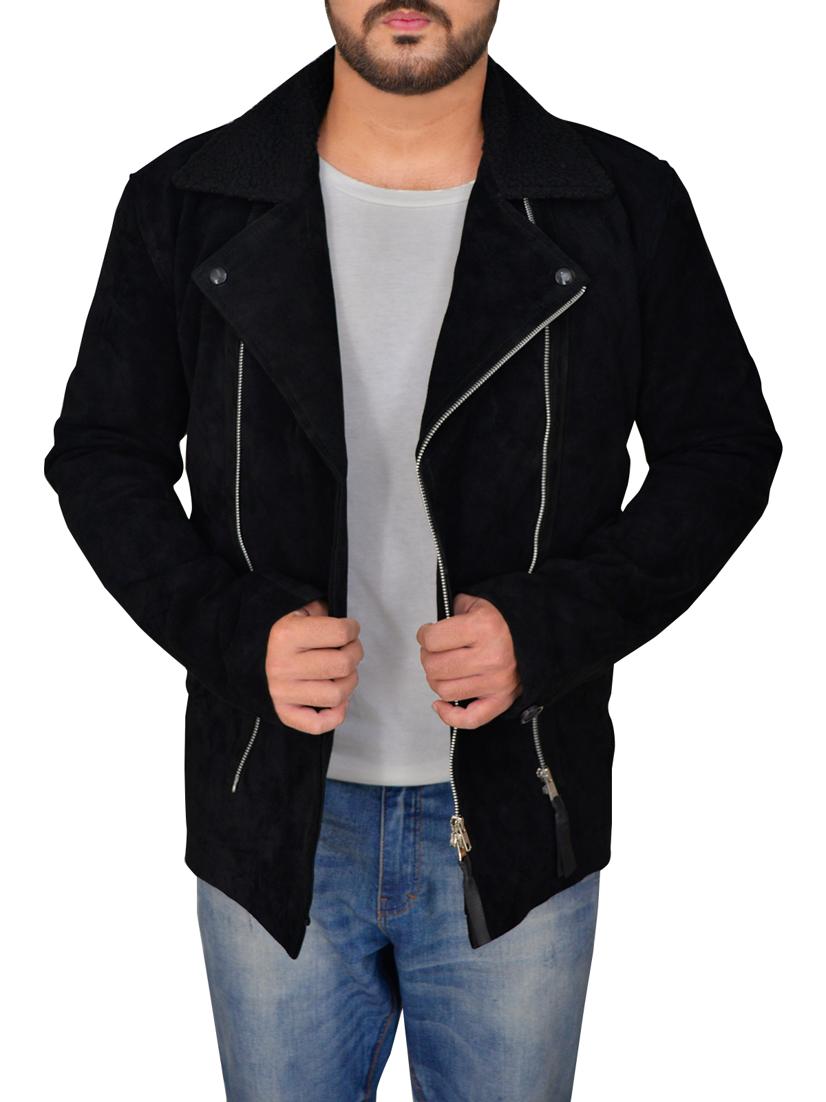 fashionable-men-black-suede-jacket.jpg Men Black Suede Biker Jacket - Image 1